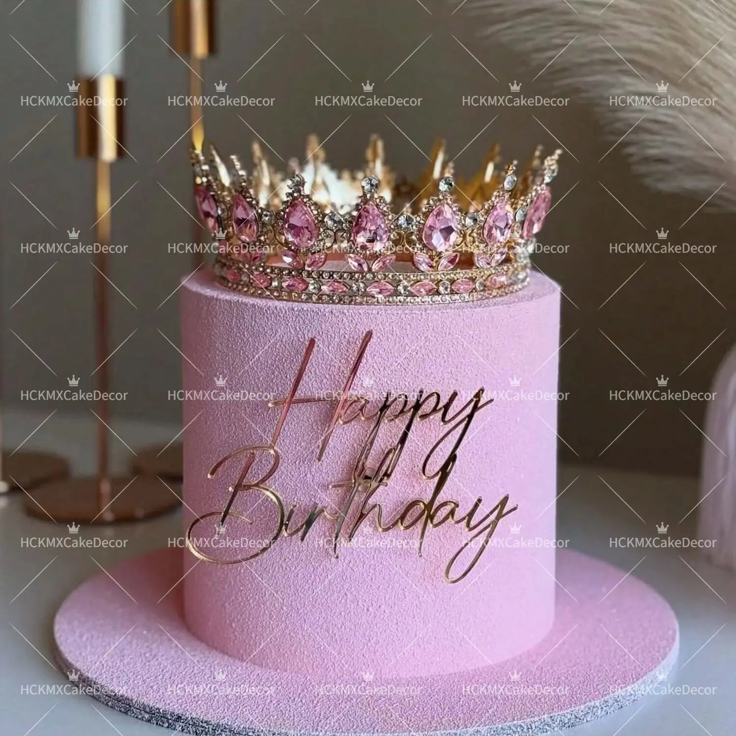 1 adorno de pastel de cristal rosa con corona, adorno de pastel acrílico de feliz cumpleaños para mujeres, decoración de pastel para fiestas de cumpleaños y bodas