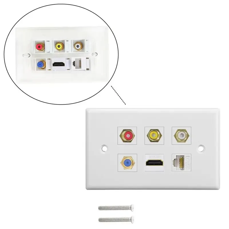 6-Port TV F Head Network Cable Port CAT6 Lotus Audio Video RCA Audio HDMI Compatible Wall Socket Multimedia Panel