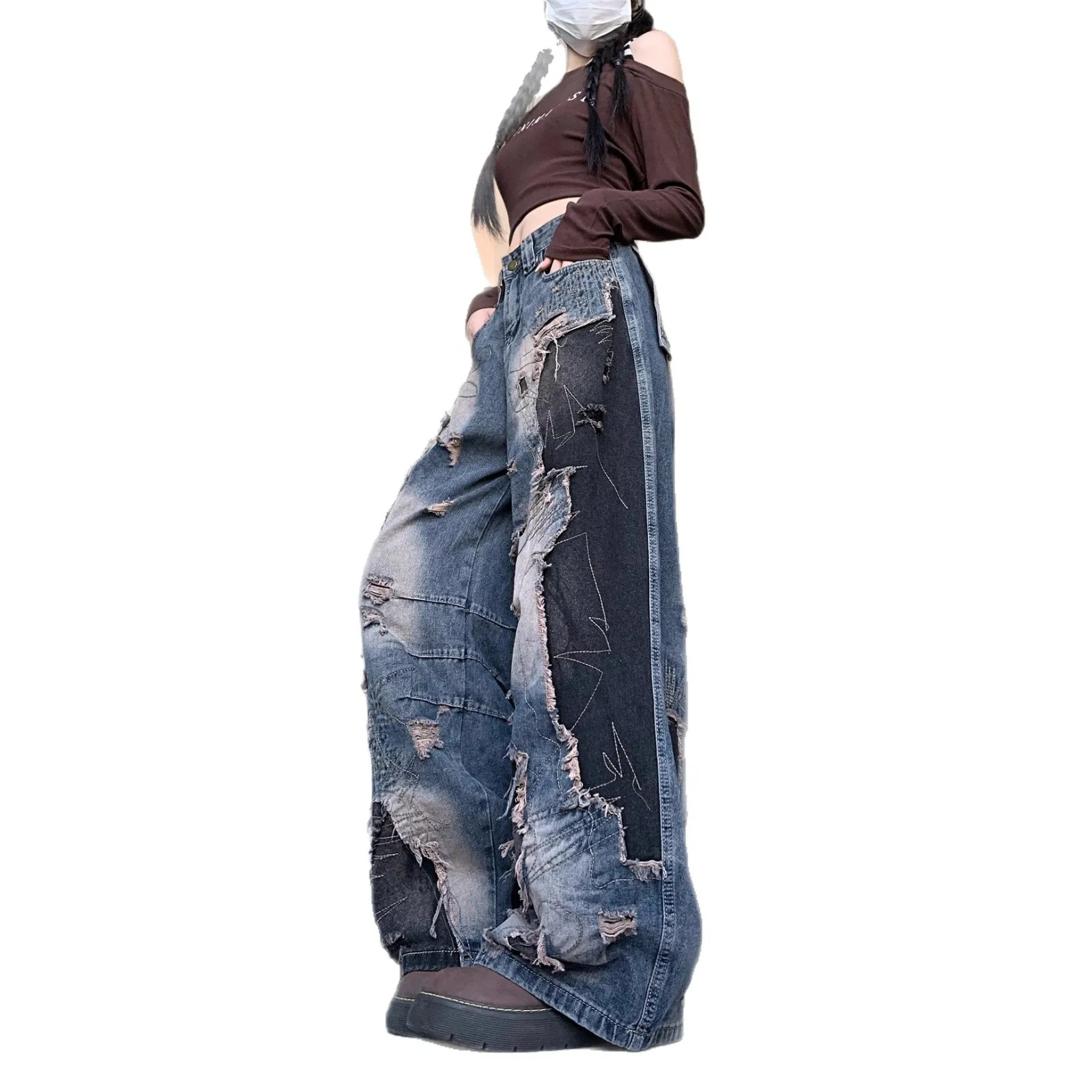 High Waist Jeans Women Patchwork Denim Pants Ripped Washed Wide Leg Streetwear Punk Hip Hop Style Trousers Ladies