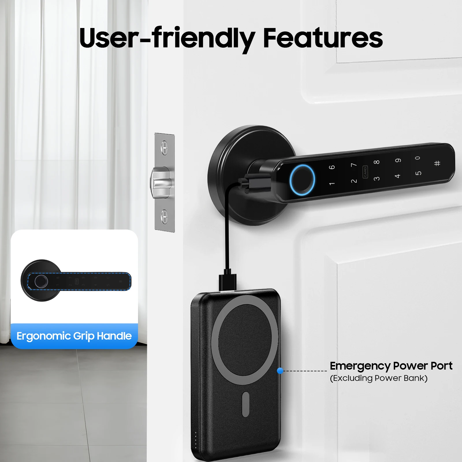 قفل مقبض الباب الذكي ببصمة الإصبع/كلمة المرور/بطاقة IC/مفتاح فتح 0.2s طاقة الطوارئ من النوع C لمكتب الشقة المنزلية