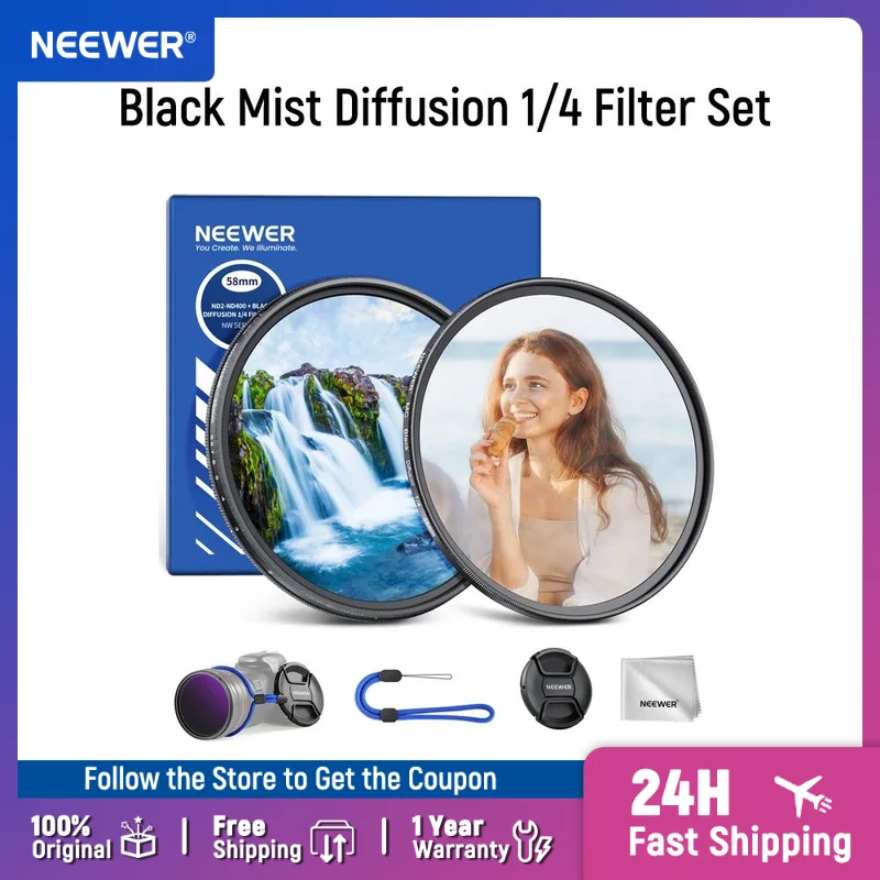

NEEWER 58mm Variable ND & Black Mist Diffusion 1/4 Filter Set Multicoated Optical Glass Neutral Density ND2-400 for Camera Lens