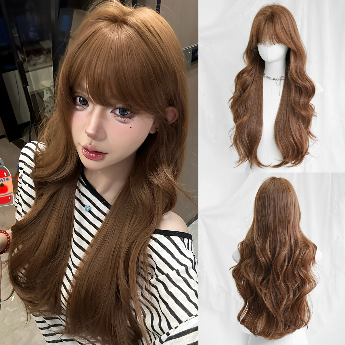 

Женский модный кудрявый коричневый парик с челкой, натурально выглядящий синтетический парик для повседневного использования и для вечеринок.