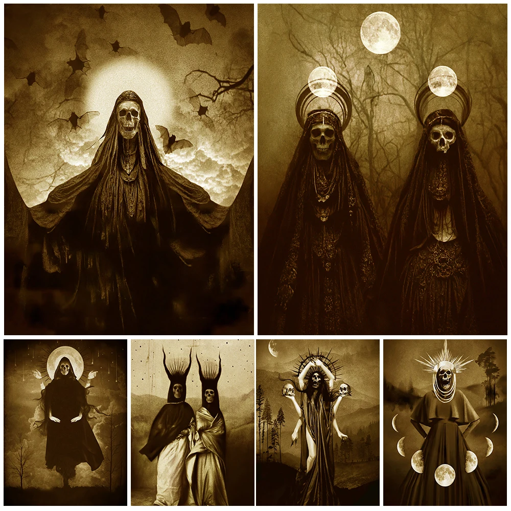 Demon Skull Wizard Vintage Wall Art Canvas Painting Skull Moon Witch They symbolize Death Art Poster And Print Home Decoration