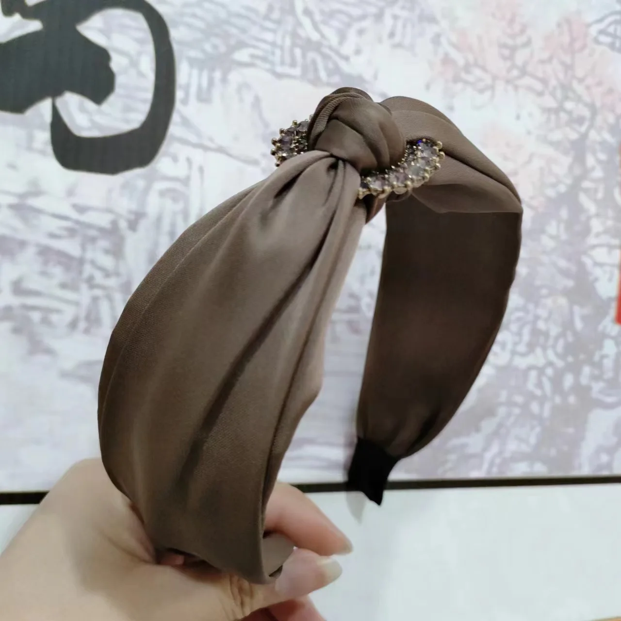 2024 New Women\'s Hair Pin Satin Wide Brim Solid Color Fabric Craft Diamond-Laid Headband Knotted Headband