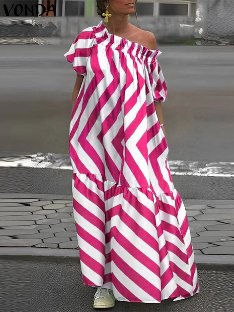 Gaun bahu terbuka wanita ukuran Plus 5XL VONDA Gaun Musim Panas 2024 kerah Skew bermotif garis Maxi panjang Sundress Bohemian