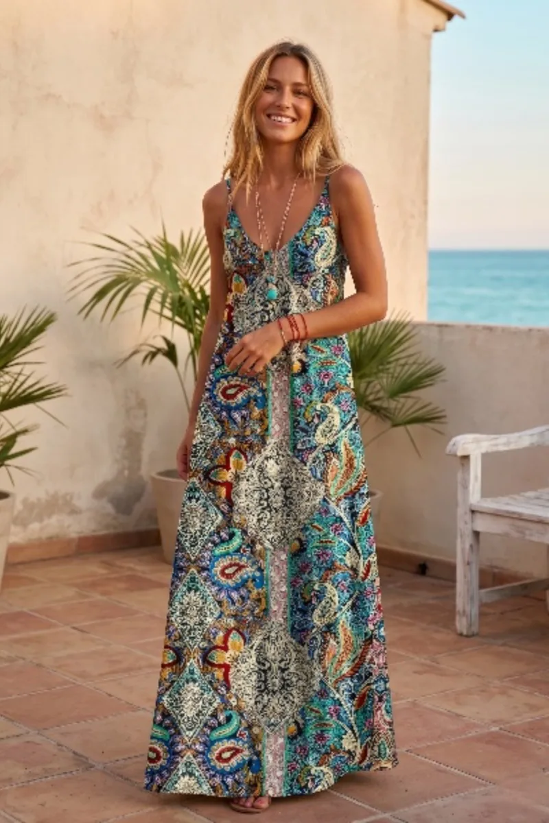 

Women's Vintage Ethnic-Print Dress — Casual Spaghetti-Strap Dress