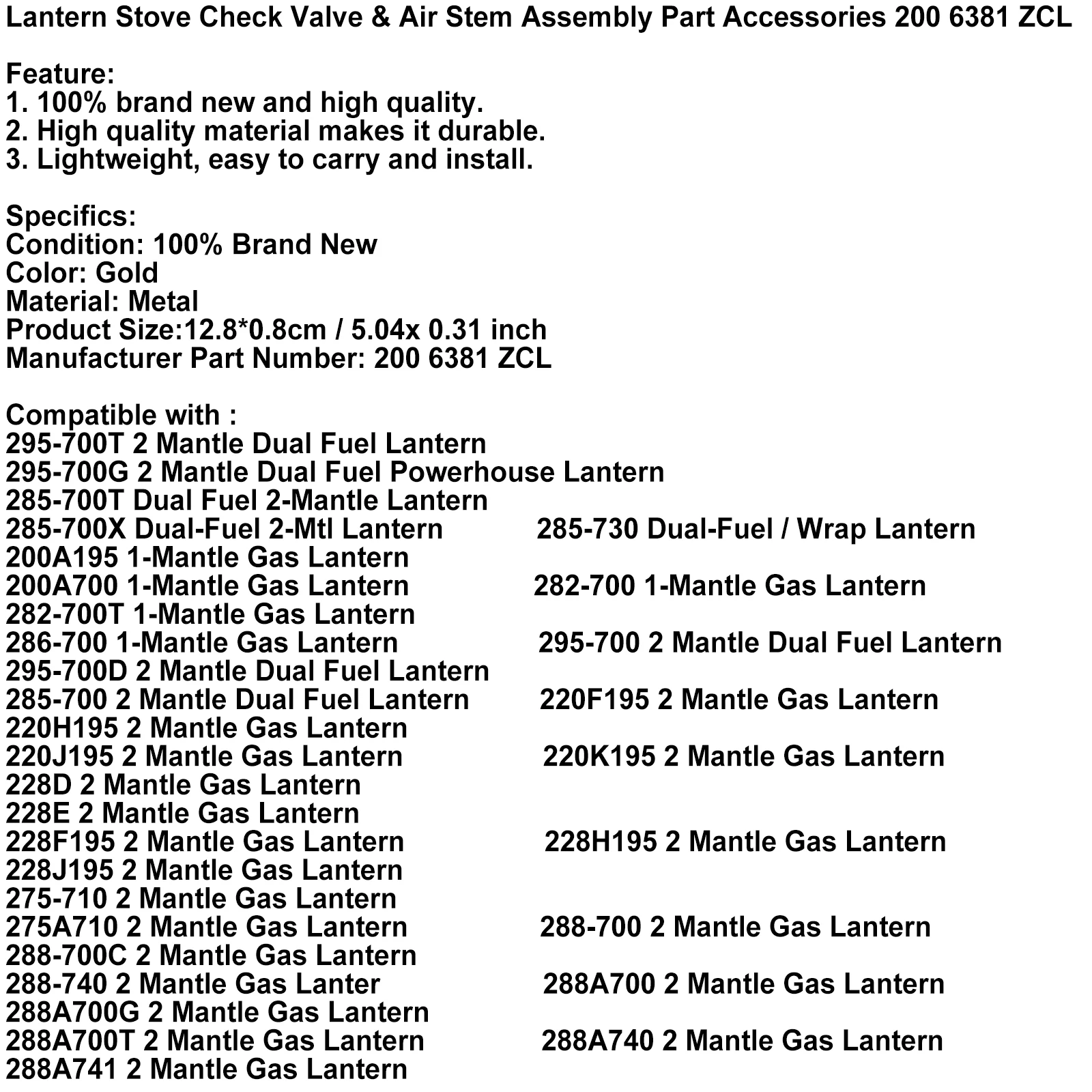 Areyourshop Lantern Stove Check Valve & Air Stem Assembly Part Accessories 200 6381 ZCL