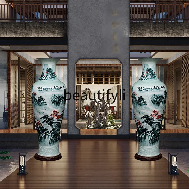 

t Jingdezhen ceramic hand-painted pastel floor-to-ceiling large vase living room TV cabinet Chinese decoration