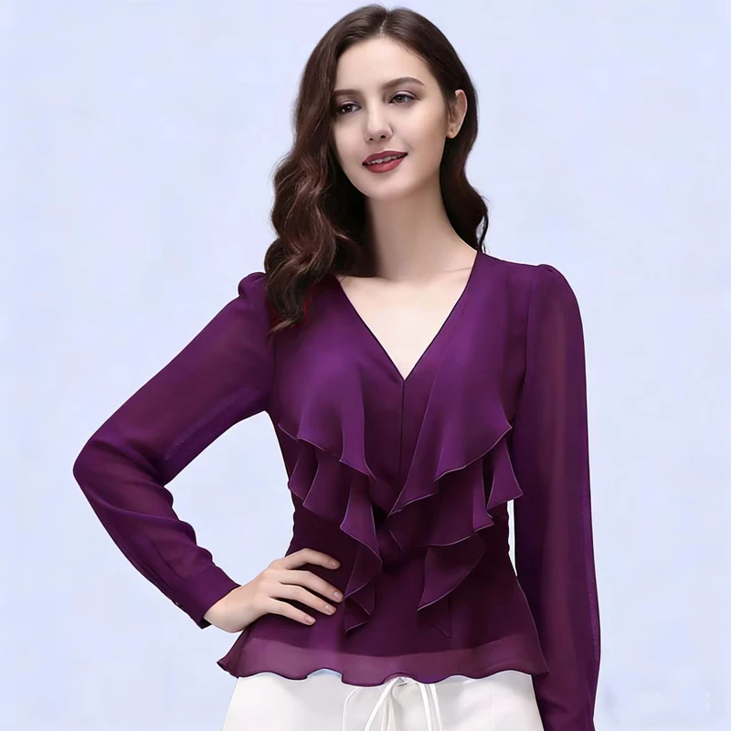 

French Style Women Ruffles Chiffon Shirt V Neck Long Sleeve Casual Tops 2026 Spring Fashion Pullovers Blouse