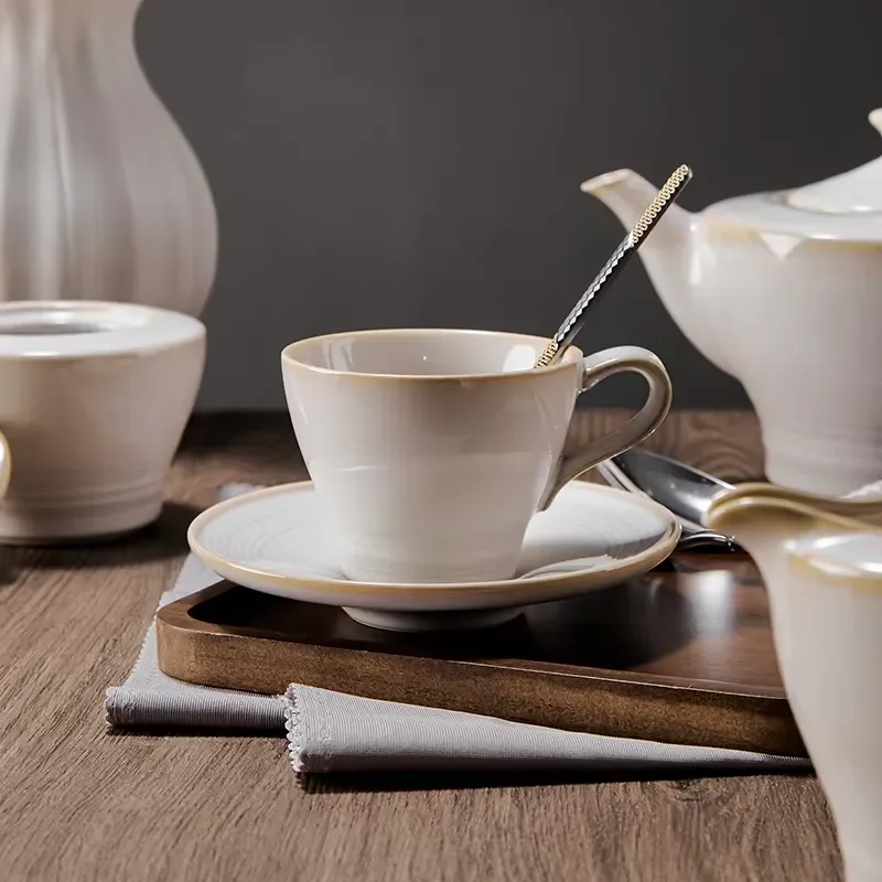 Ceramic Cutlery Set Cream White Porcelain Teapot Coffee Tea Cup with Saucers for Catering Family Hotel Use