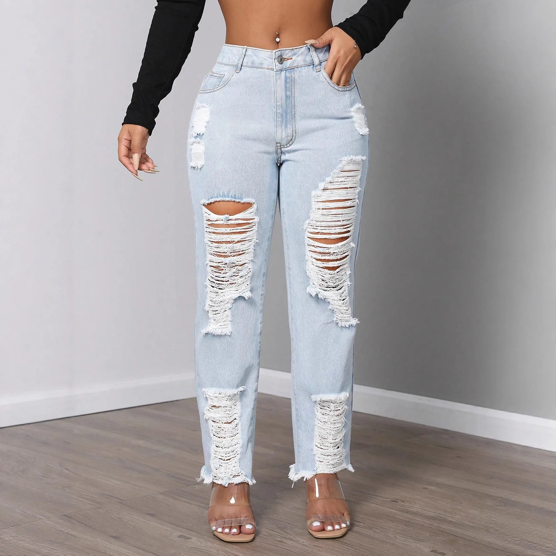 

women's fashion ripped mid-waist denim jeans trousers