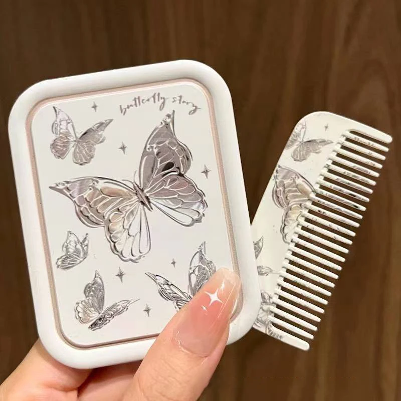 Butterfly Flip-Top Folding Makeup Mirror Portable Pocket Mirror Women Rectangle Cosmetic Make Up Mirror With Comb