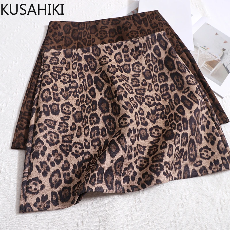 KUSAHIKI 2024 Autumn Winter New Korean Leopard Print A-line Hip Wrapped Short One Step Skirt Sexy Spicy Girl Half Skirts Mujer