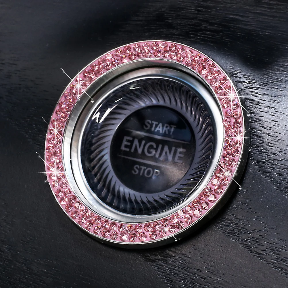 

2Pcs Bling Car Ignition Ring Rhinestone Engine Start Button Decor Cover Self-Adhesive Crystal Trim Upgrade Accessory Pink