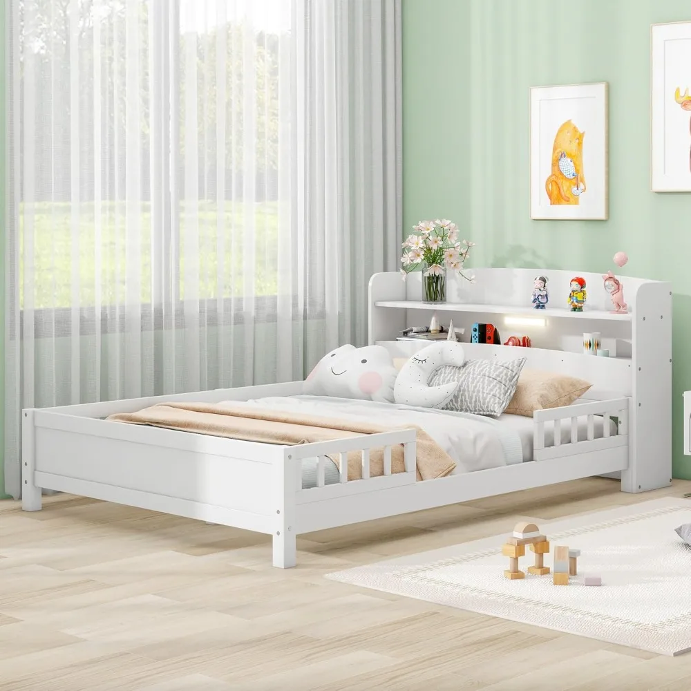 

Full Size Bed with Storage Headboard and Guardrail,Full Size Platform Bed Wood Frame with Built-in LED Light, for Girls Boys