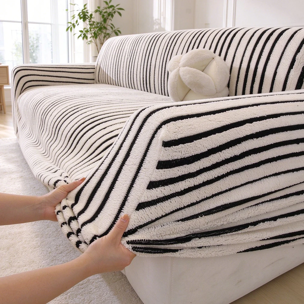 Color Block Plush Sofa Slipcover High Elasticity Anti-Slip Machine Washable Soft Living Room Furniture Protector