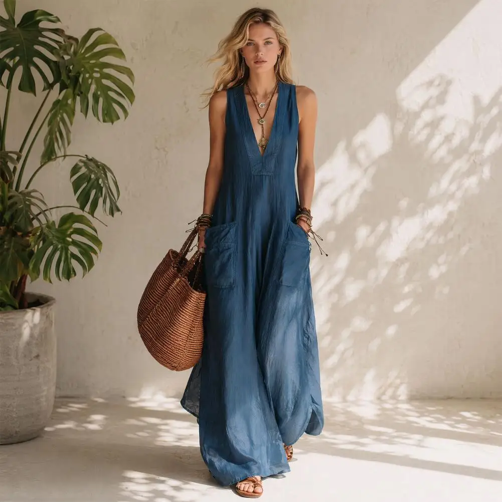 Retro Style Jumpsuit for All Body Shapes Casual Wide Leg Pants Rompers, Summer Loose One Piece Overalls with Pockets