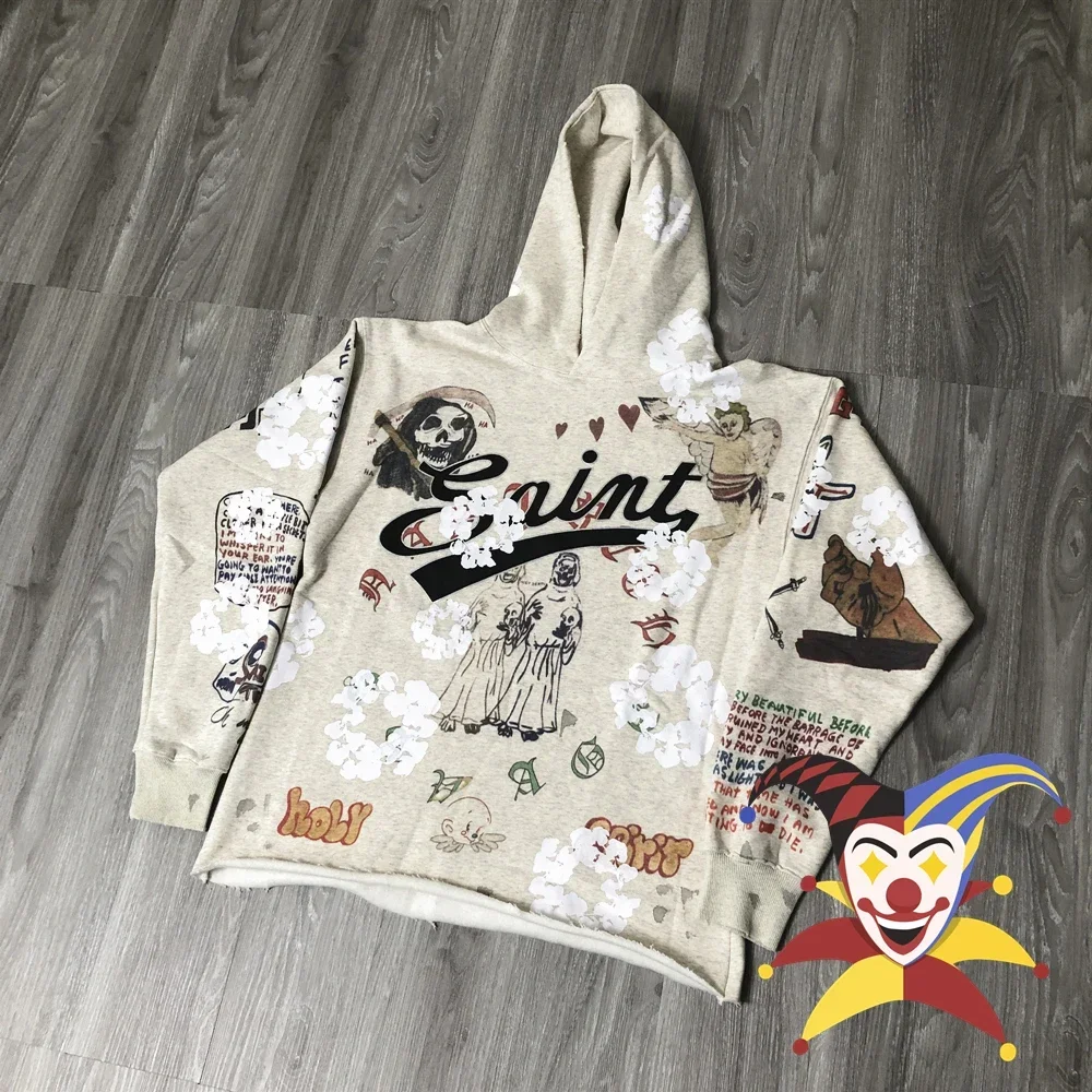 SAINT Graffiti Retro Printed Vintage Clothing Streetwear Loose Pullover Tops Hoodies For Men