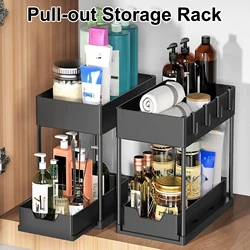 Under Sink Organizer Sliding Cabinet Basket Organizer Storage Rack with Hooks Hanging Cup Bathroom Kitchen Organizer