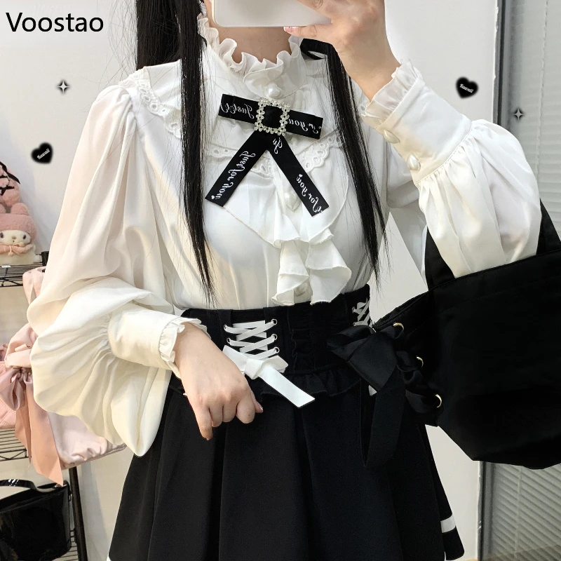 

Gothic Lolita Style Blouses Women Japanese Y2k Harajuku Bow Lace Ruffle Shirt Kawaii Office Lady Elegant Casual Tops Blusa Femme