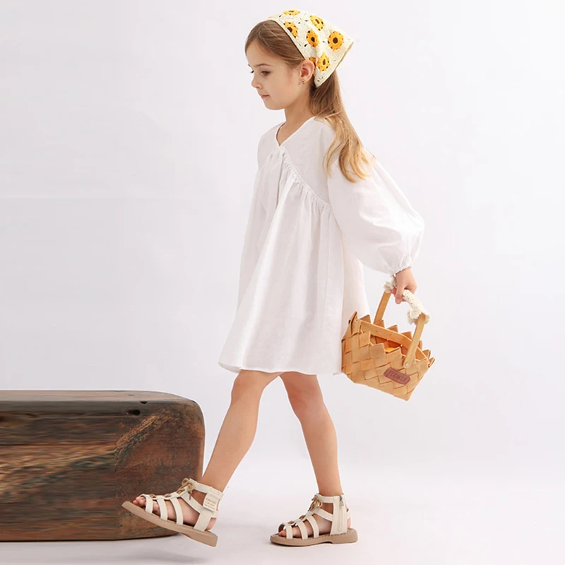 Girls White Cotton And Linen Dress Spring New Baby Girl V-Neck Casual Loose Linen Long-Sleeved A-Line Dress Doll Princess Dresse