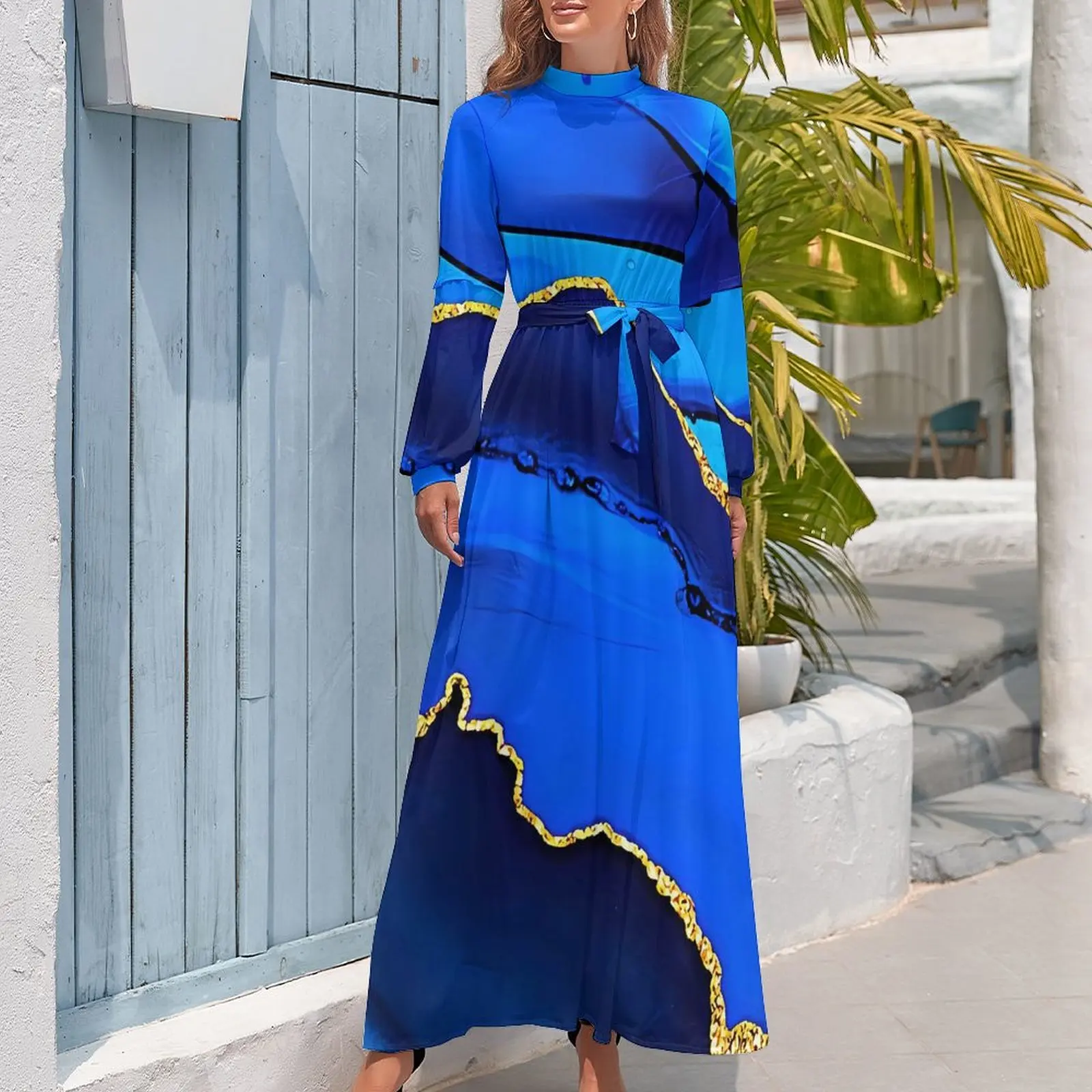 Abito con stampa in marmo oro e blu Vita alta Abiti da spiaggia Boho personalizzati Abito lungo estetico a maniche lunghe Abiti Kawaii