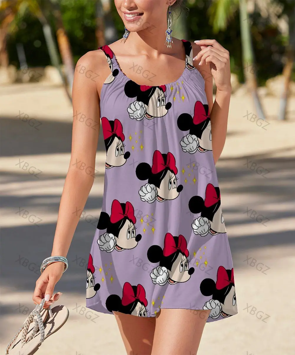 

Women's Dress Summer Dresses Woman 2022 Print Loose Minnie Mouse Sling Boho Sexy Cartoon Top Disney Sleeveless Beach Dress Print