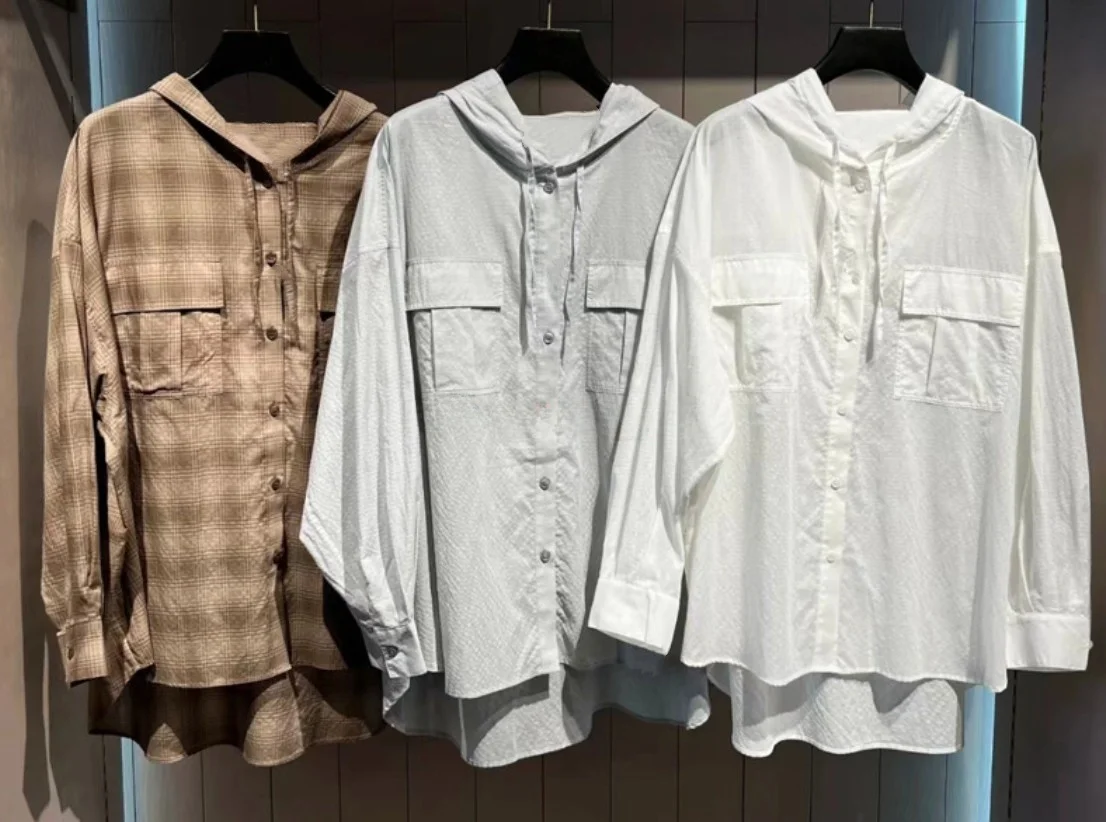 

Elegant Casual Hooded Loose Pocket Sun Protection Shirt Pure Cotton Polyester Blend Button Design Commute Style Summer 2024