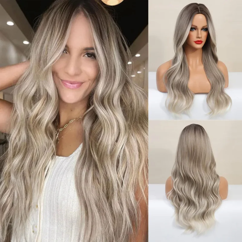 Synthetic Lace Wigs For Women Ombre Blond Lace Wigs Body Wave 26 Inches Long Wavy Cosplay Wigs T Part Lace Wig Heat Resistant