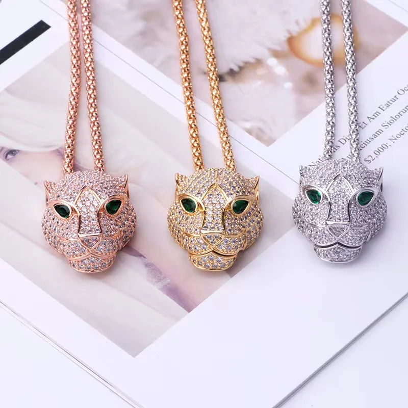 

Classic Fashion Leopard Head pendant Cubic Zirconia Stone Animal Shape Panther Necklace for Men or Women Designer Copper Jewelry