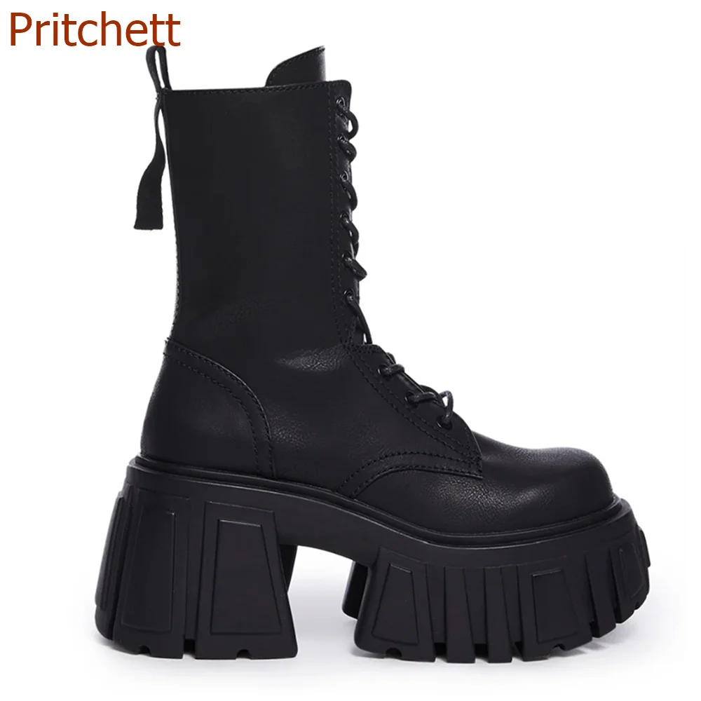 

Round Toe Thick Sole Women Boots Mid Calf Square Heel Zipper Cross Tied Height Increasing Fashion Women Shoes 2023 New Arrivals