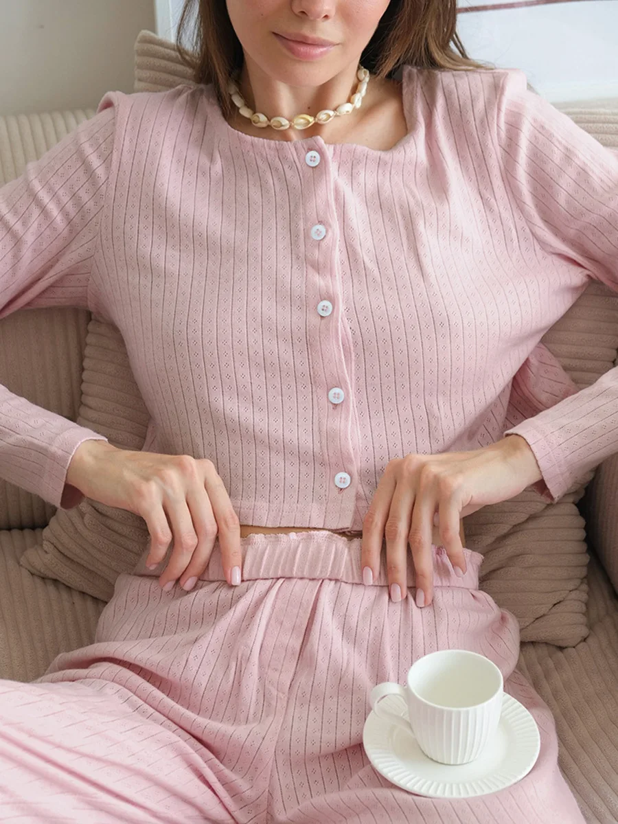 Muzuleva Knitted Hollow Pajamas Set Autumn New Cardigan Long Sleeved Pants Casual Home Wear Women\'s comfortable Sleepwear Suits