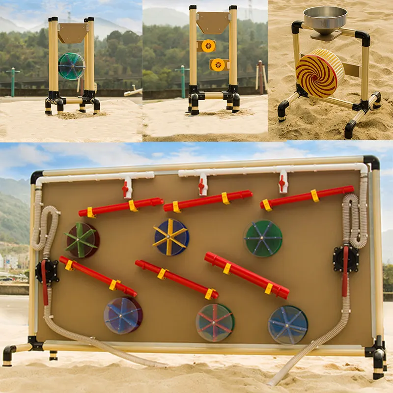 Kindergarten sand pool area water play children's playground outdoor wooden sand play equipment pumping well water pipe