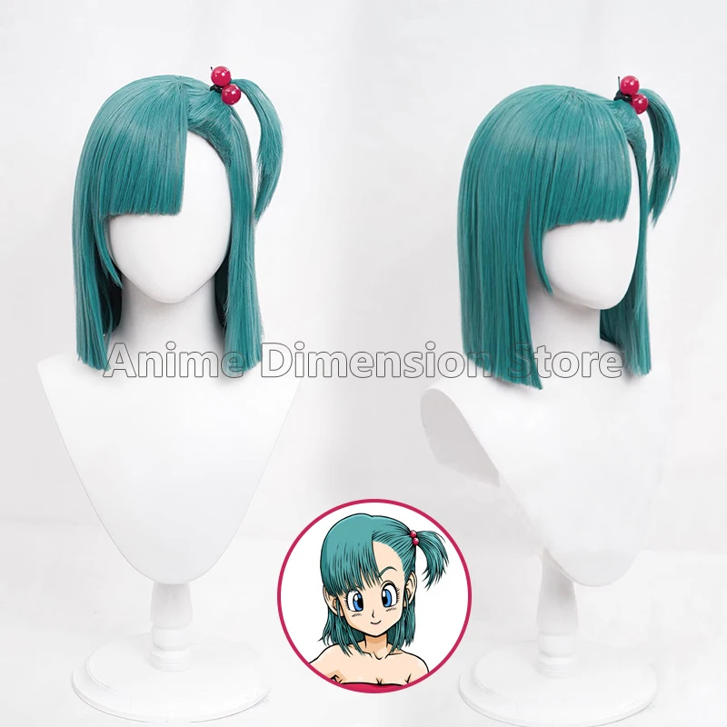 Parrucca Cosplay Anime Bulma filo ad alta temperatura capelli corti blu-verdi con cappuccio parrucca e fascia per capelli