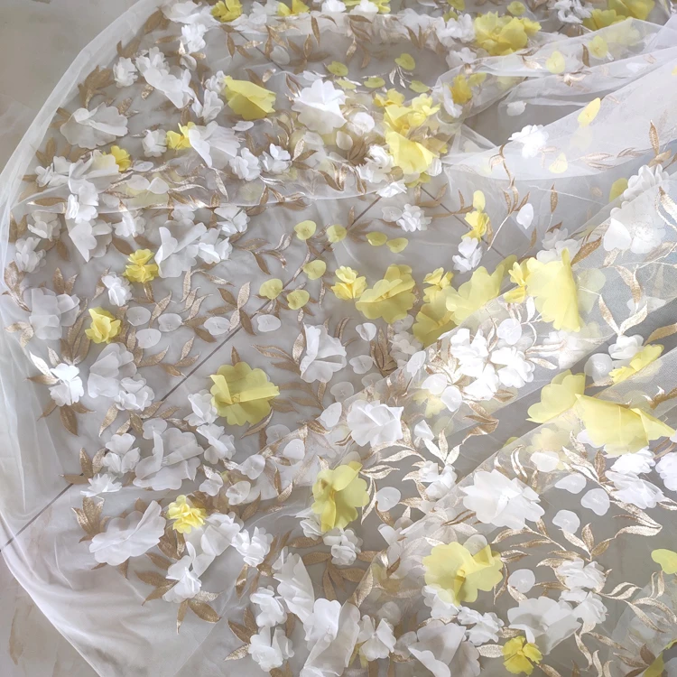 3D Chiffon Flower Skirt Dress Wedding Lace Fabric Mesh Embroidered Lace Accessories Heavy Industry Designer Fabric Material view 4