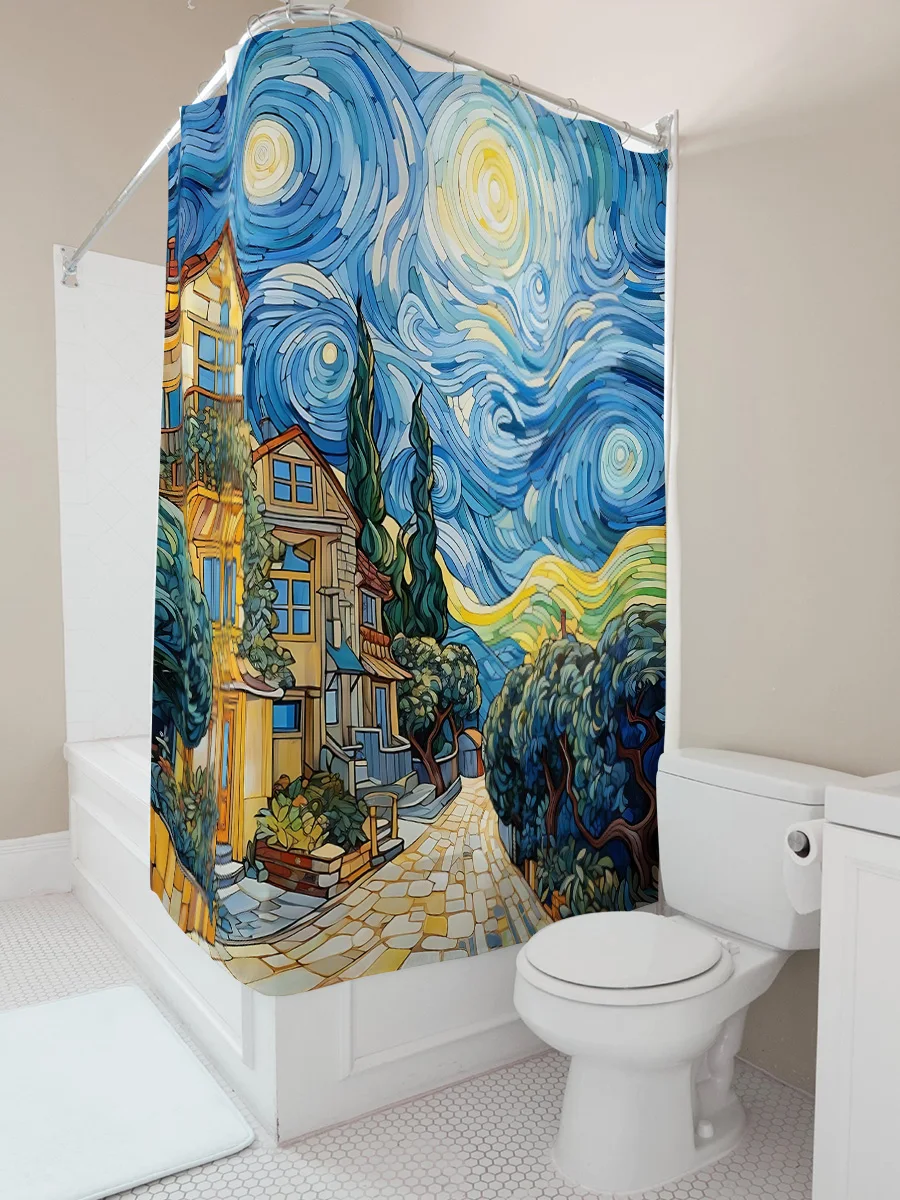 Van Gogh Inspired Starry Night Village Shower Curtain Transform Your Bathroom Into An Artistic Haven Waterproof  Durable