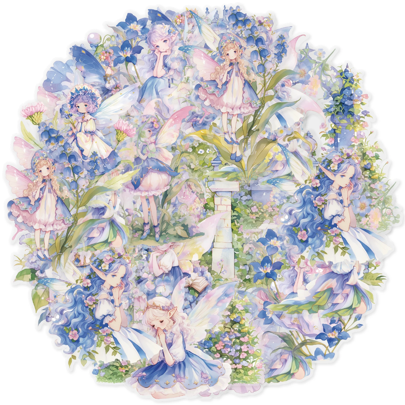 Etori Life Blue Feather Flower Fairy Garden Elf Girl Pattern Pet Sticker Pack DIY Gift Paper Bag, Scrapbook Supplies, Notebook, Phone Stickers, Sticker Book, Toy Stickers, Die-Cut Craft, Waterproof Decals