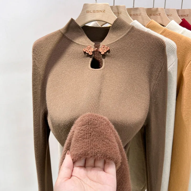 

One-piece Velvet Plus Velvet Thickened Button Sweater Autumn and Winter 2025 Style Knitted Sweater Bottoming Shirt for Women