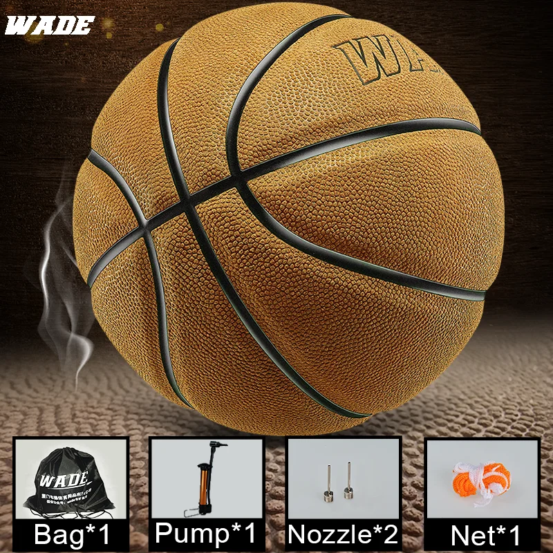 WADE Yellow Cowhide Basketball for Outdoor Size 7# Genuine Leather Adult Ball with Free Tools