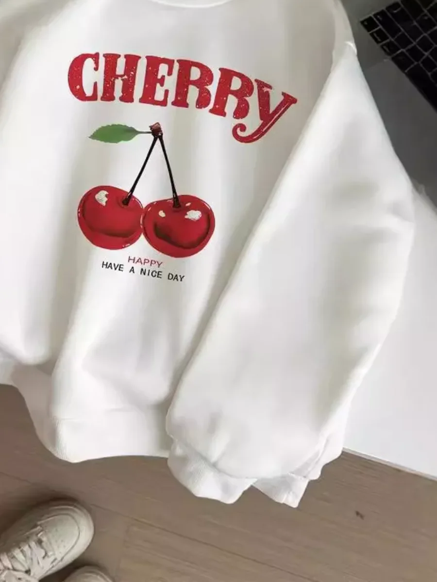 24 New Women Tops Thickened Loose Cute Cherry Print Sweater Women Sweatshirt Oversized Pullovers Hoodie