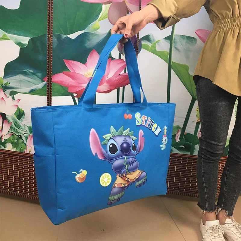 Disney 2023 new Stitch extra large portable shopping bag spliced waterproof foldable cartoon canvas travel bag mommy bag