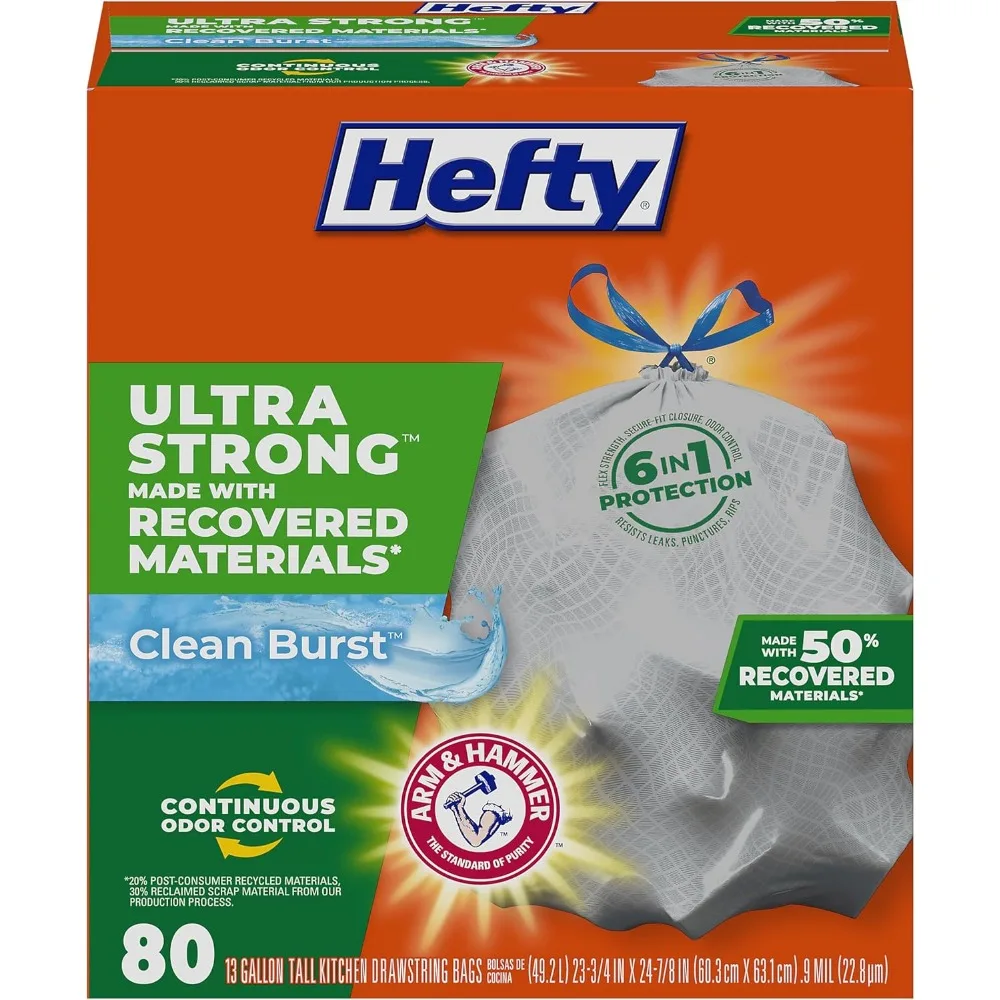 

Ultra Strong Tall Kitchen Trash Bags, Gray, Clean Burst Scent, 13 Gallon, 80 Count