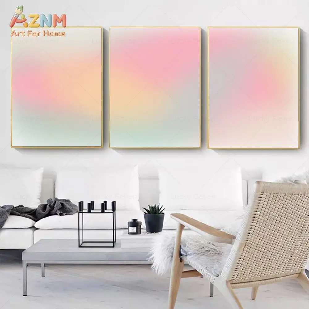 AZNM Soft Pastel Gradient Color Canvas Wall Art Minimalist Abstract Blush Pink Green Tone Print Modern Aesthetic Home Living Roo