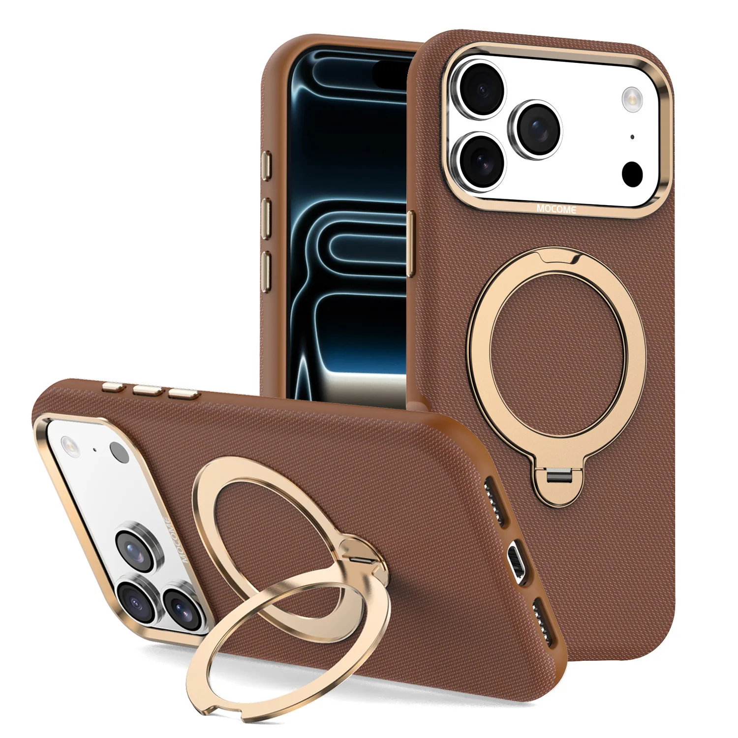 Tech Fabric Magnetic Phone Case for iPhone 18 Pro Max 17 16 15 14 13, 360° Rotating Metal Ring Stand Shockproof Protective Cover