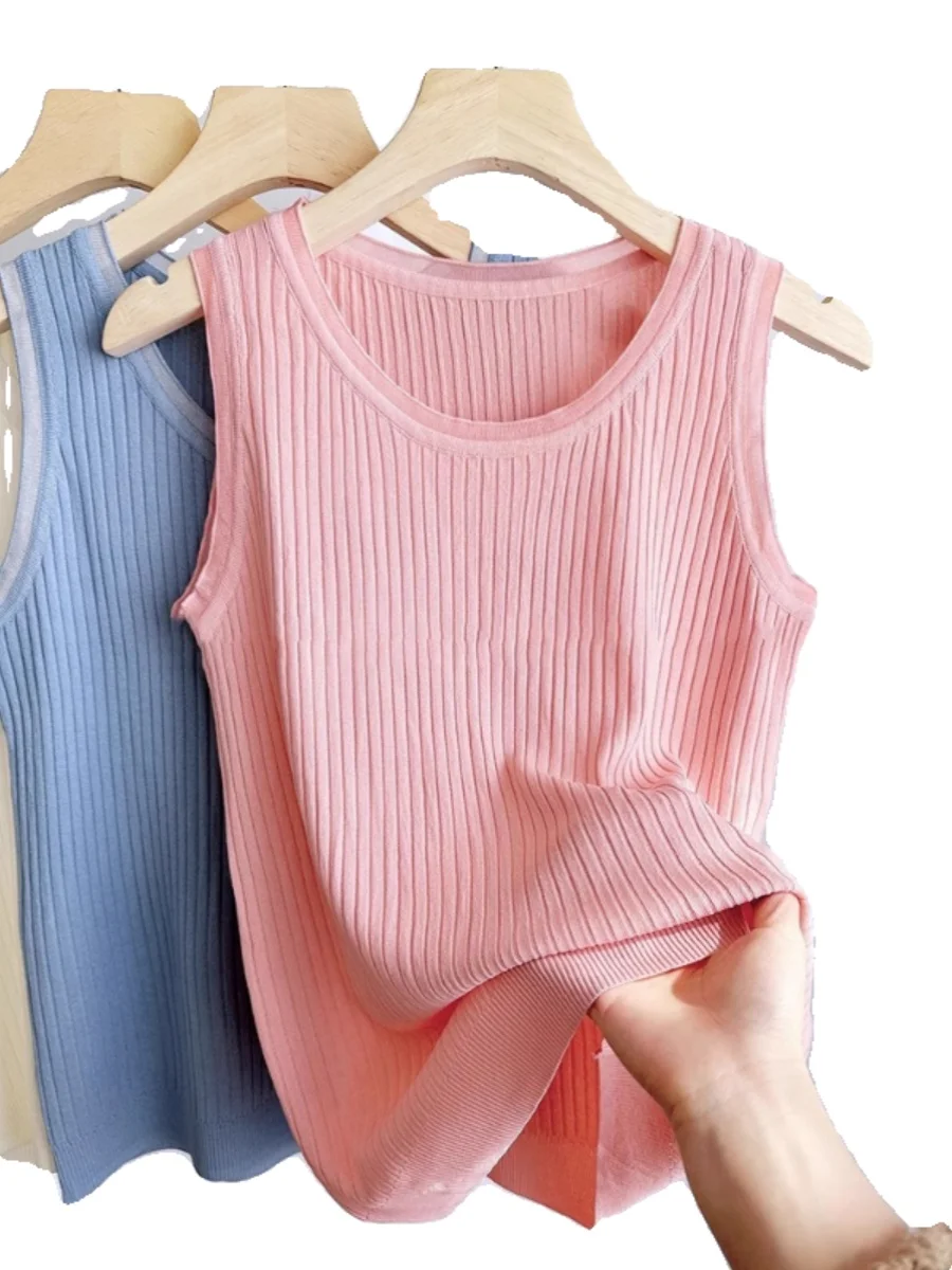 Oule-Chaleco con tirantes de punto de seda de hielo para mujer, ropa interior versátil, fina, redonda, capa Base Ne Svel, Top informal de verano