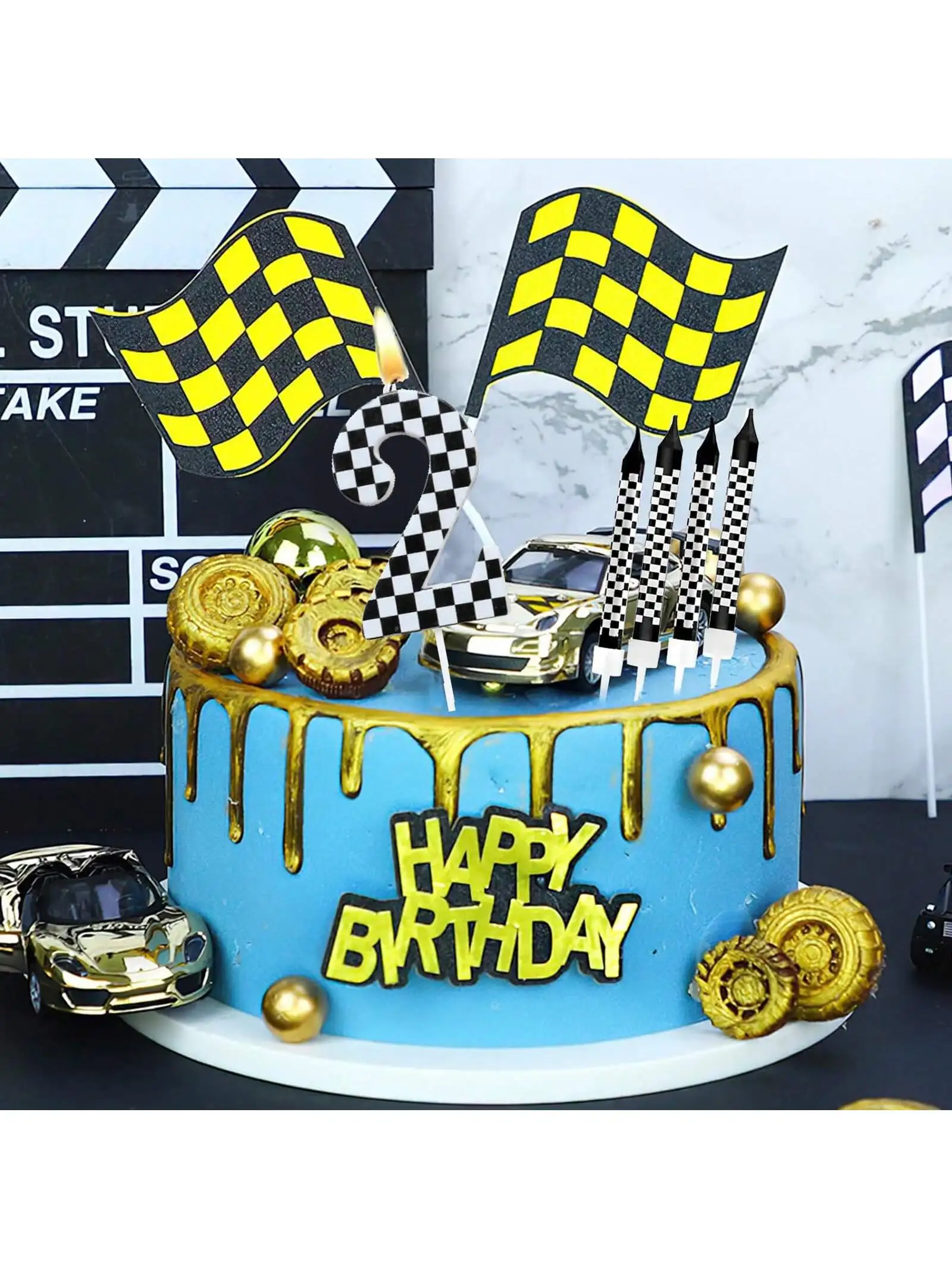 7Pcs Birthday Candles Set,Cake Numeral Candles,Racing Cars Themed Birthday Candles for Cake Candle Checkered Decoration