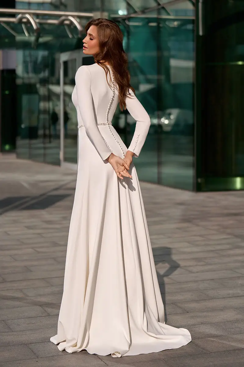 Beach Wedding Dress Long Sleeve Simple Belt A-Line Bridal Gowns Square Collar  Customize To Measure Robe De Mariee