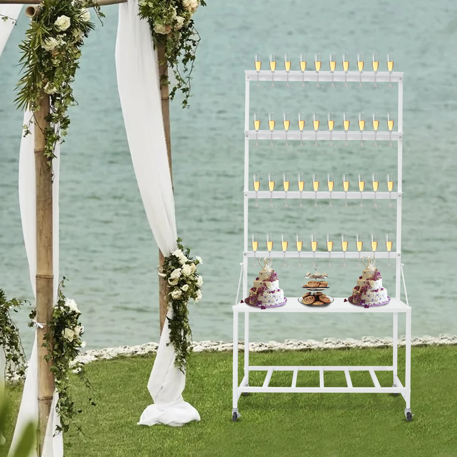 Soporte de exhibición de champán de 4 niveles, soporte de pared para champán con estante de almacenamiento y 4 ruedas giratorias para bodas, Navidad, fiestas