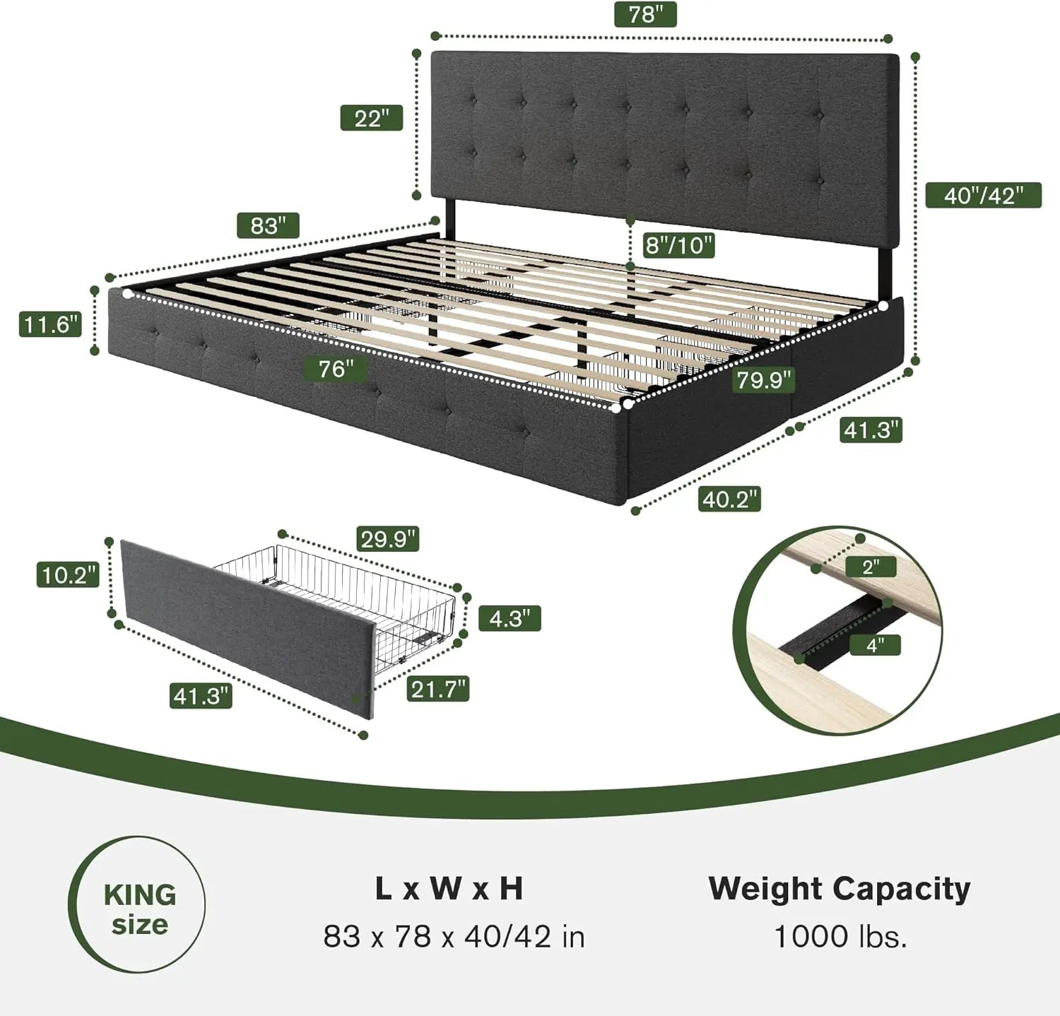 King Size Bed Frame with 4 Storage Drawers, Upholstered Platform Bed with Adjustable Square-Stitched Headboard