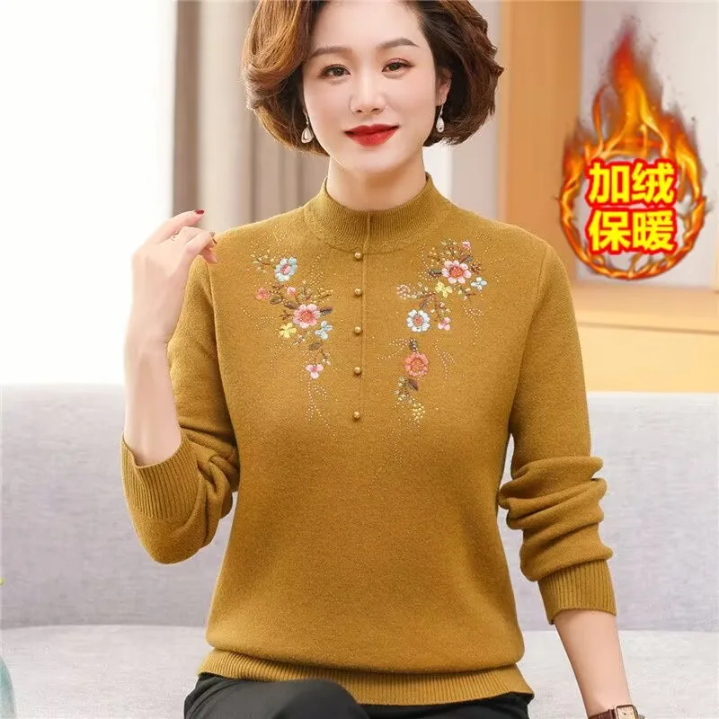 

Mother's Winter Thick Integrated Plush Sweater 4XL Large Size Embroidered Pullovers Sweater Middle-aged Women Knitted Jumper Top
